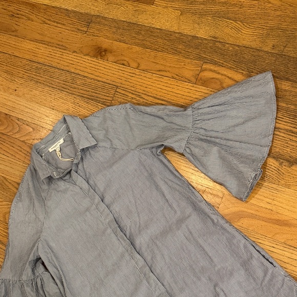 Cotton White Gray Striped Midi Dress with Flared Sleeves Size: XS - Picture 5 of 13